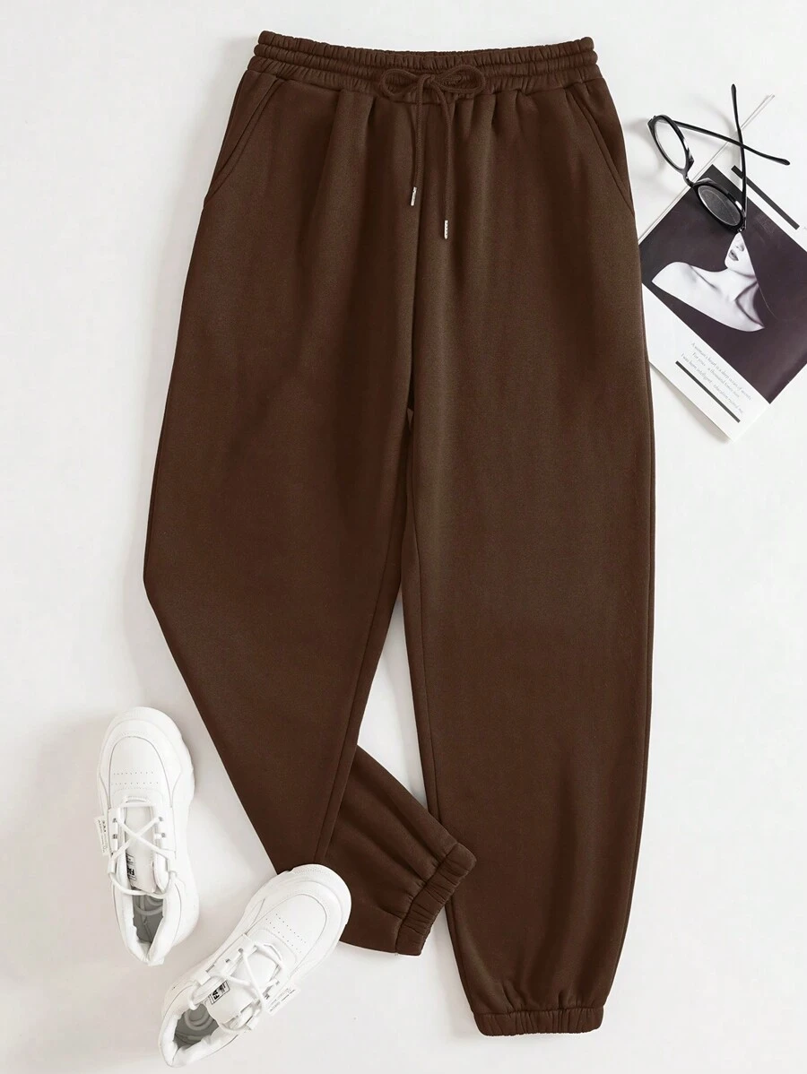 SHEIN EZwear 素色腰部抽繩衛褲 - 棕色 - 查看 1