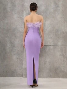 Modphy Váy băng hở vai hở lưng không tay gợi cảm có đính lông vũ giả, váy dạ hội trang trọng thanh lịch cho khách dự tiệc cưới, phù dâu, tiệc sinh nhật - Màu tím hoa cà - Xem 2