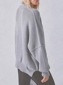 Mock Neck Long Sleeve Split Hem Sweater Casual - Grey - View 2