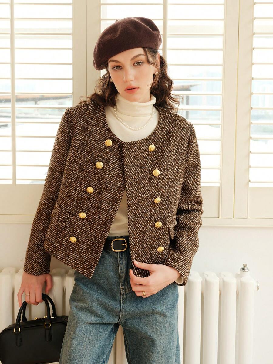 雙排釦花呢外套 - 棕色 - 查看 1