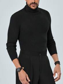 RueChic Men Solid Turtleneck Ribbed Knit Sweater - Black - View 4