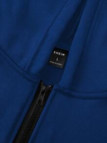 Manfinity Homme 男士口號和老鷹圖形拉鍊保暖連帽毛衣 - 寶藍色 - 查看 3