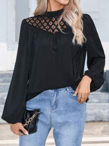 SHEIN Clasi Contrast Lace Mock Neck Lantern Sleeve Blouse - Black - View 5