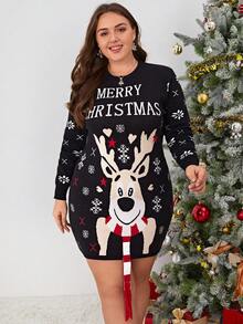 SHEIN LUNE Plus Christmas Elk & Slogan Pattern Sweater Dress In Fall/Winter - Black - View 3