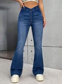 SHEIN EZwear Asymmetrical Waist Flare Leg Jeans - Blue - View 5
