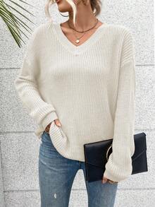 SHEIN Essnce 鏤空交叉圍裹後蝙蝠袖套頭毛衣 - 杏色 - 查看 4