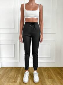 EURMUSE Contrast Tape Side Drawstring Waist PU Leather Pants - Black - View 4