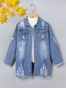 女大童破洞毛邊牛仔夾克不帶T恤 - 中等水洗藍 - 查看 1