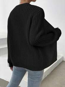 SHEIN LUNE Ribbed Knit Drop Shoulder Duster Cardigan,Long Sleeve Tops Fall Winter Cloth For Women - Black - View 2