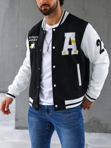 Manfinity Loose Fit Men's Varsity Jacket With Letter Graphic & Striped Trim - Black - View 1