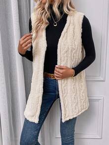 SHEIN LUNE Chất rắn Mở Mặt trước Teddy Áo vest - Màu be - Xem 5