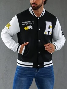 Manfinity Loose Fit Men's Varsity Jacket With Letter Graphic & Striped Trim - Black - View 5