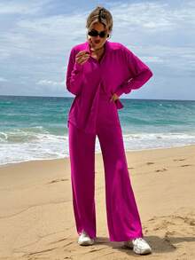SHEIN Women's Solid Color Casual 3pcs/Set - Hot Pink - View 4