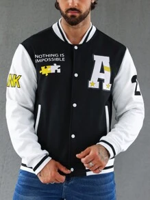 Manfinity Loose Fit Men's Varsity Jacket With Letter Graphic & Striped Trim - Black - View 6