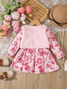 女嬰印花前蝴蝶結洋裝&絨毛夾克背心 - 彩色 - 查看 2