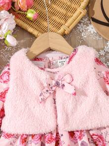 女嬰印花前蝴蝶結洋裝&絨毛夾克背心 - 彩色 - 查看 3