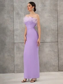 Modphy Váy băng hở vai hở lưng không tay gợi cảm có đính lông vũ giả, váy dạ hội trang trọng thanh lịch cho khách dự tiệc cưới, phù dâu, tiệc sinh nhật - Màu tím hoa cà - Xem 3