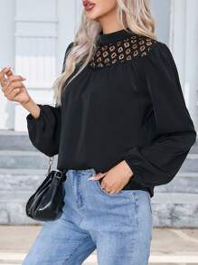 SHEIN Clasi Contrast Lace Mock Neck Lantern Sleeve Blouse - Black - View 3