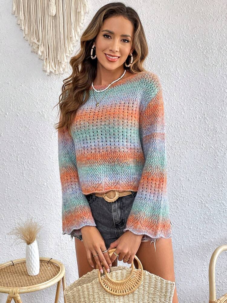 Ombre Scallop Trim Flare Sleeve Pointelle Knit Sweater