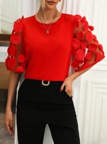 SHEIN Clasi Appliques Contrast Mesh Sleeve Blouse - Red - View 6