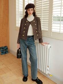 雙排釦花呢外套 - 棕色 - 查看 5