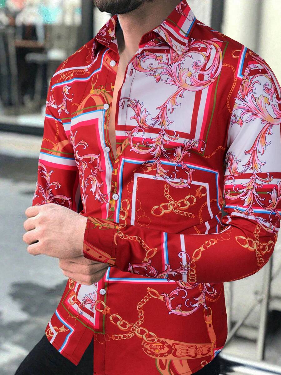 Manfinity Homme 男士鍊條印花長袖襯衫 - 紅色 - 查看 1