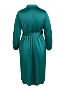 SHEIN Clasi Plus Shawl Collar Wrap Hem Belted Satin Dress - Dark Green - View 2