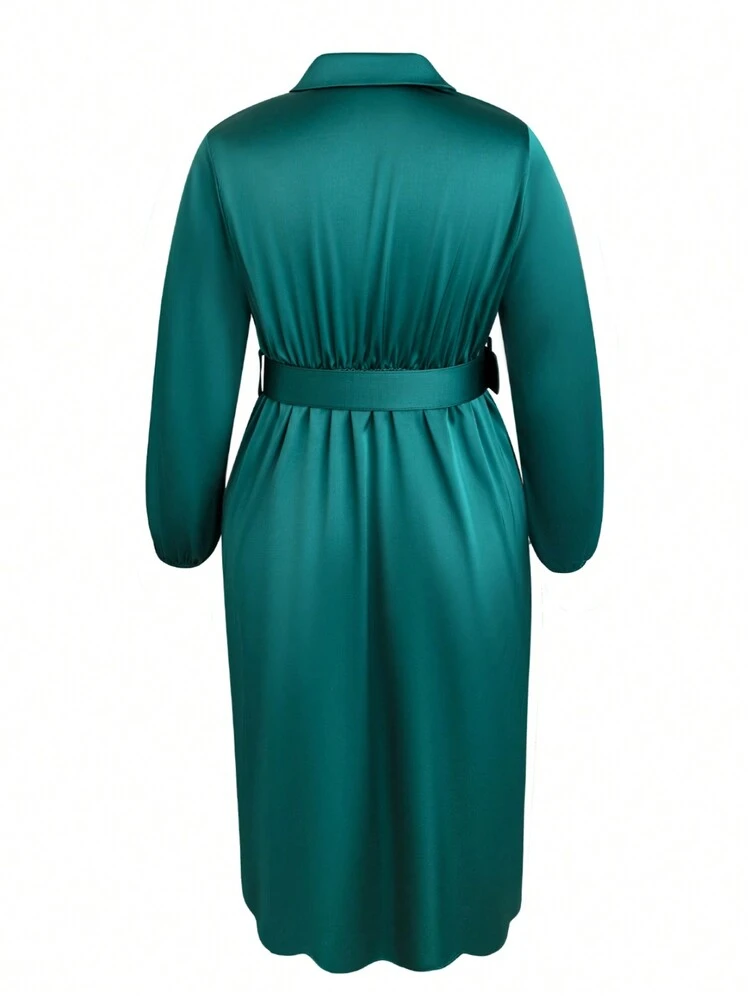 Plus Shawl Collar Wrap Hem Belted Satin Dress