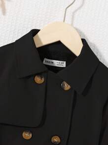 SHEIN Áo khoác Trench Coat dệt trơn màu hai hàng khuy lót nhiệt thường ngày cho bé gái tuổi mới lớn - màu đen - Xem 7