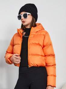 RueChic Teen Girl Zip Up Hooded Puffer Coat - Orange - View 4