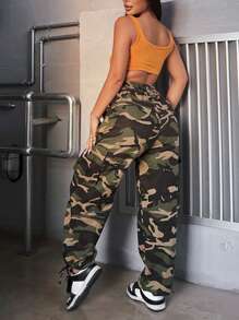Camo Print Flap Pocket Side Drawstring Waist Cargo Pants - Army Green - View 2
