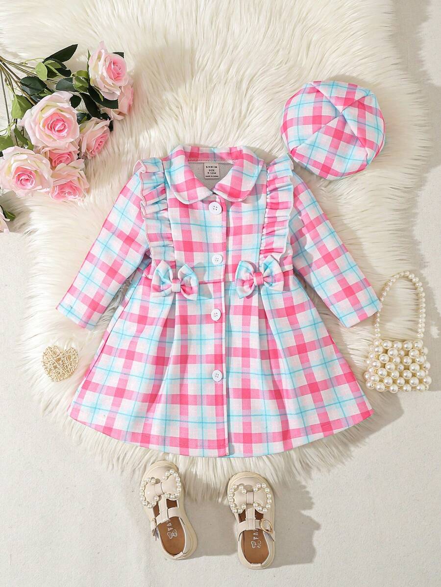 女嬰格紋印花荷葉邊前蝴蝶結花呢外套&帽 - 彩色 - 查看 1