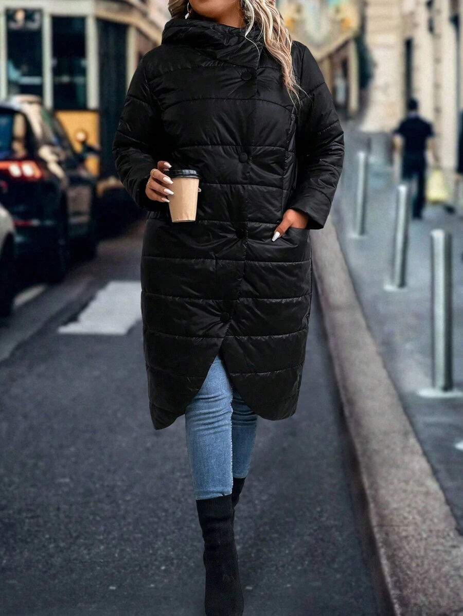 SHEIN LUNE Plus Button Front Asymmetrical Hem Padded Padded Coat Clothes Winter - Black - View 1