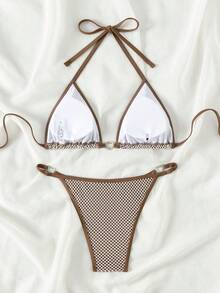 Conjunto de bikini triangular de cuello halter con ribete en contraste - Café integral - Ver 4