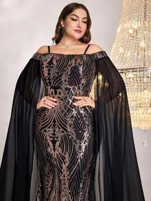 Plus Cold Shoulder Contrast Mesh Sequin Formal Dress - Black - View 6