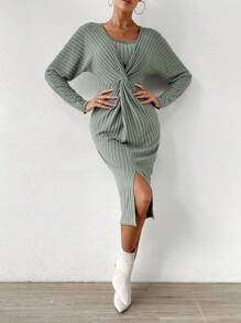 Chiquease Kleid mit Twist vorne, Schlitz, Twist vorne, Drop Shoulder Schlitz - Grün - Übersicht 2