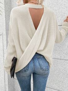 SHEIN Essnce 鏤空交叉圍裹後蝙蝠袖套頭毛衣 - 杏色 - 查看 1