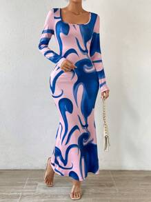 SHEIN VCAY Allover Print Mermaid Hem Dress - Multicolor - View 2