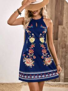 SHEIN VCAY Floral Print Keyhole Neckline Halter Dress - Navy Blue - View 4
