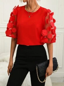 SHEIN Clasi Appliques Contrast Mesh Sleeve Blouse - Red - View 3