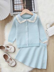 SHEIN Young Girl Contrast Trim Peter Pan Collar Cardigan & Knit Skirt - Blue and White - View 1