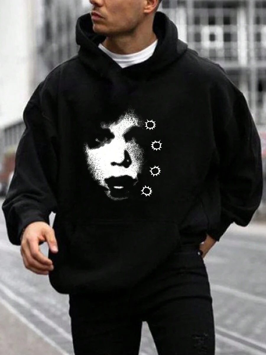 Manfinity 1件寬鬆男士人物印花帽衫,附有袋袋 - 黑色 - 查看 1