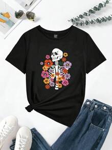 SHEIN EZwear Floral & Skeleton Print Tee - Black - View 1