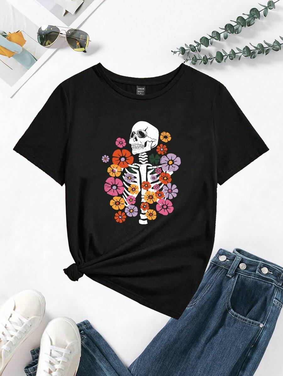 SHEIN EZwear Floral & Skeleton Print Tee - Black - View 1
