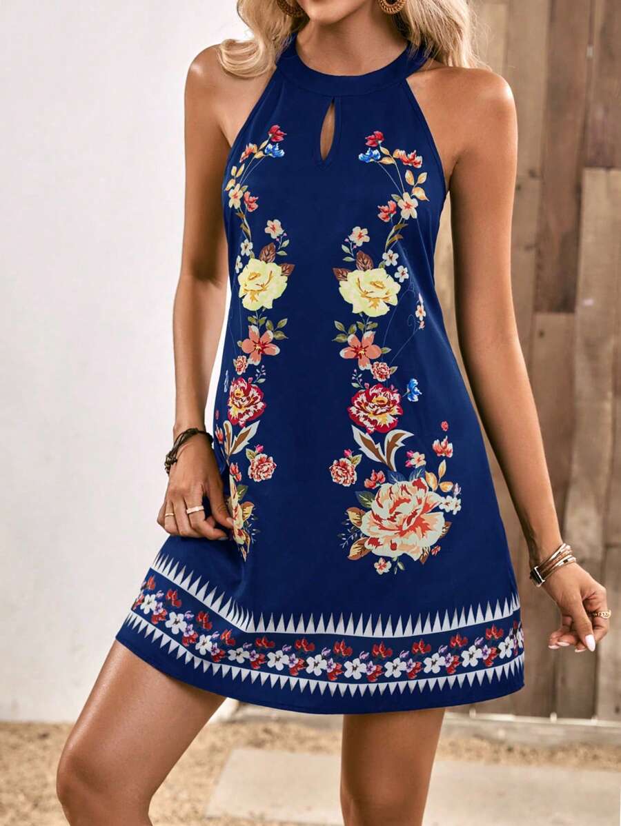 SHEIN VCAY Floral Print Keyhole Neckline Halter Dress - Navy Blue - View 1