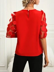 SHEIN Clasi Appliques Contrast Mesh Sleeve Blouse - Red - View 2