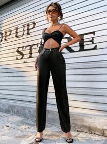 Apperloth A High Waist Pocket PU Leather Trousers - Black - View 6