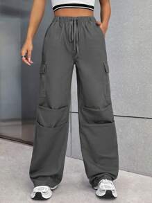 SHEIN EZwear Flap Pocket Side Drawstring Waist Cargo Jeans - Grey - View 1