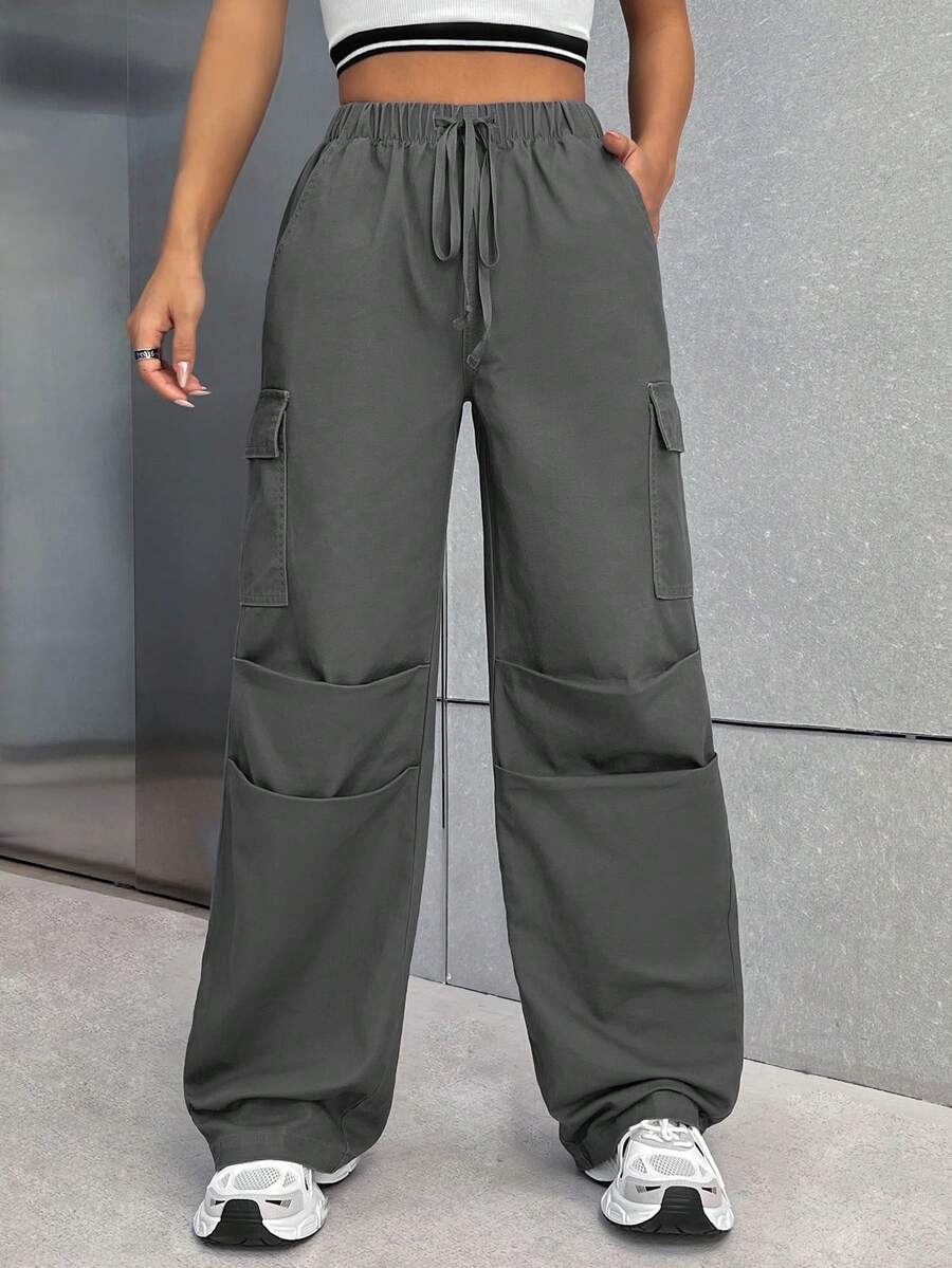 SHEIN EZwear Flap Pocket Side Drawstring Waist Cargo Jeans - Grey - View 1