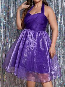 SHEIN BAE Plus Halter Neck Backless Organza Flare Hem Dress - Purple - View 4